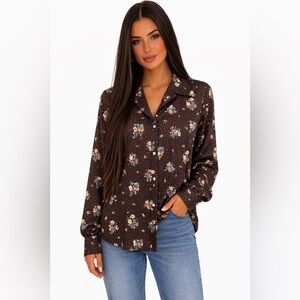 Vintage 70s Floral Polyester Secretary Blouse Brown Ditsy Boho Cottagecore